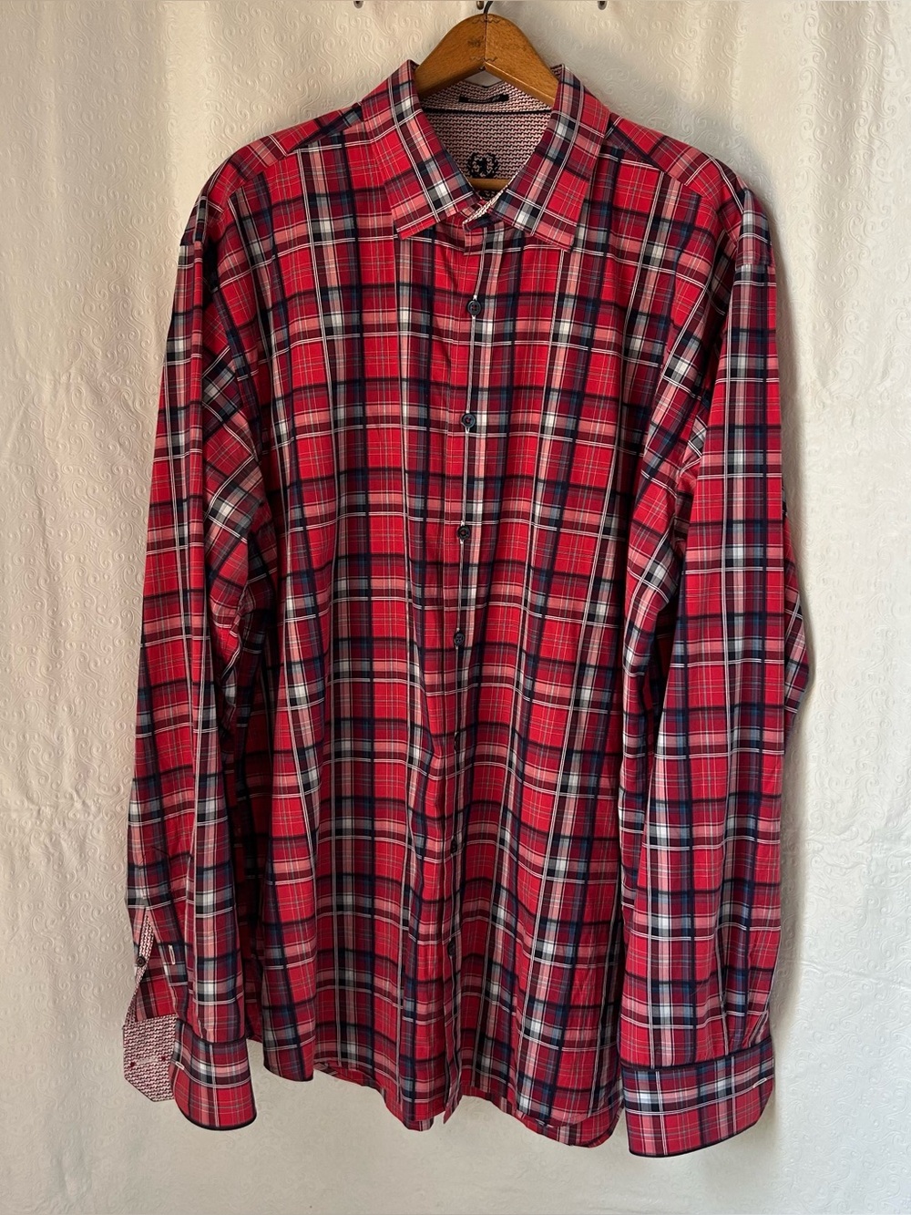 Bugatchi Red Plaid Long Sleeve Collared Button-Up Classic Fit Shirt Size XXL